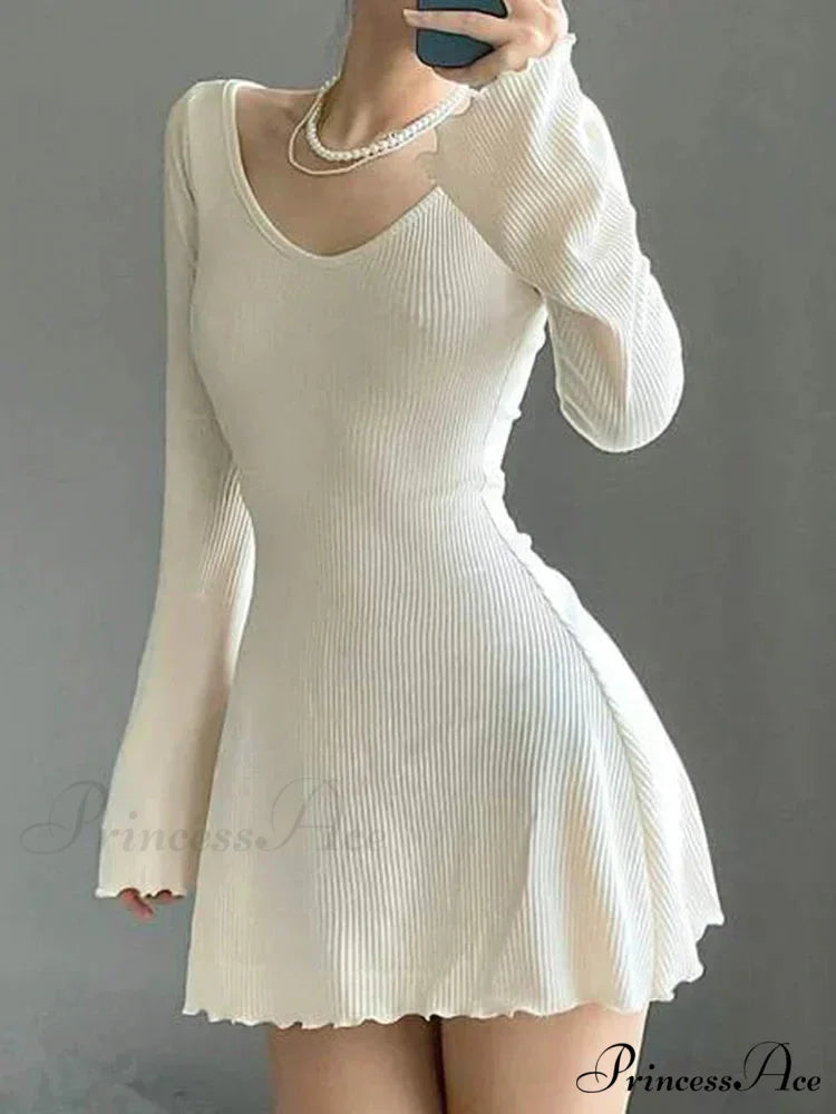 Knitting V Neck Hem Elegant Mini Dress