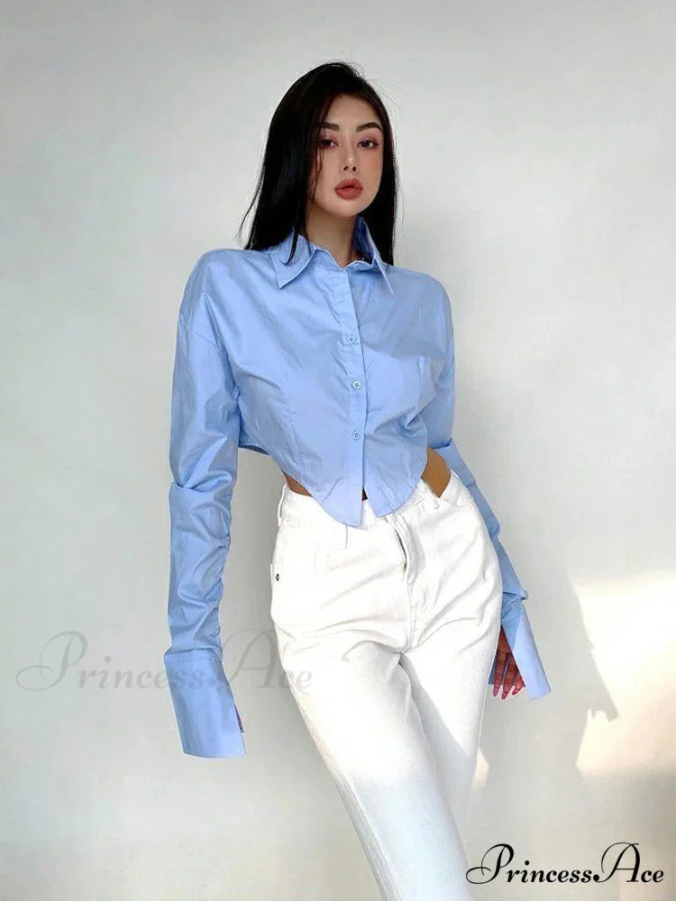 Korean Fashion Long Sleeve Button Crop Blouse