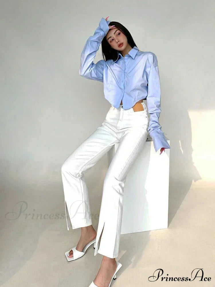 Korean Fashion Long Sleeve Button Crop Blouse