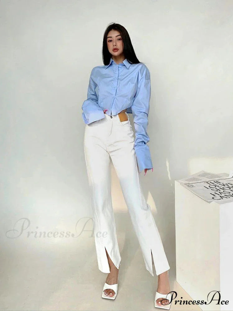 Korean Fashion Long Sleeve Button Crop Blouse