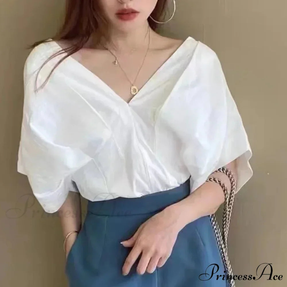 Korean Frill Design V-neck Short Sleeve Informal Blouse
