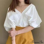 Korean Frill Design V-neck Short Sleeve Informal Blouse