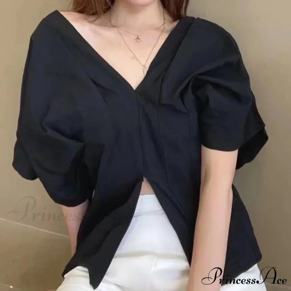 Korean Frill Design V-neck Short Sleeve Informal Blouse