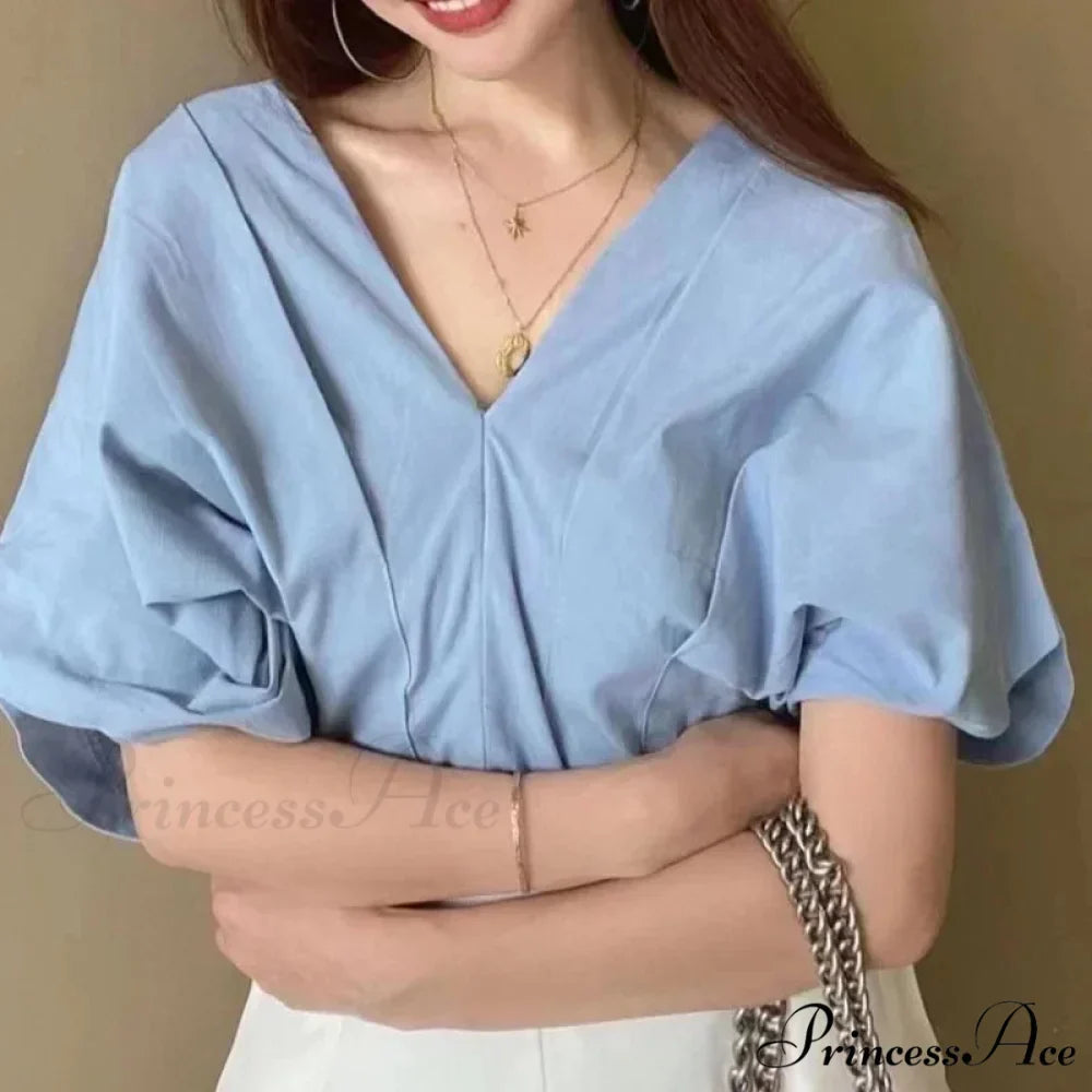 Korean Frill Design V-neck Short Sleeve Informal Blouse