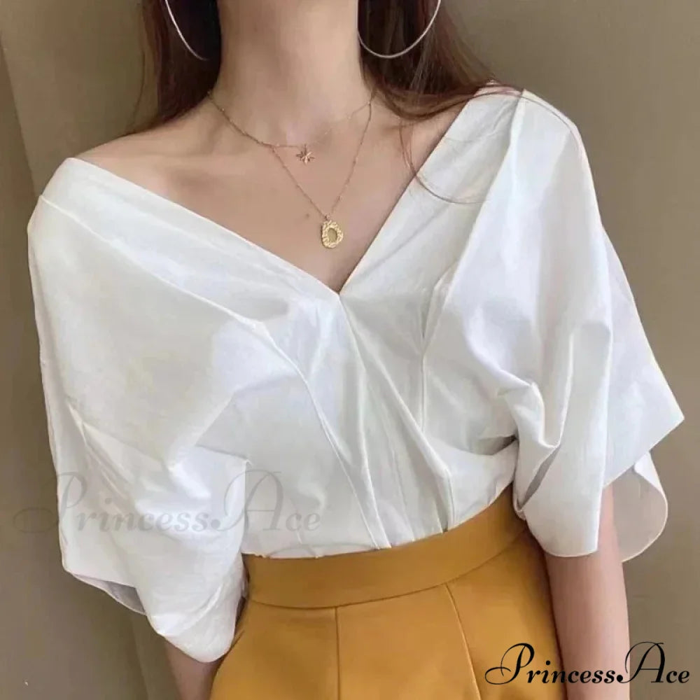 Korean Frill Design V-neck Short Sleeve Informal Blouse