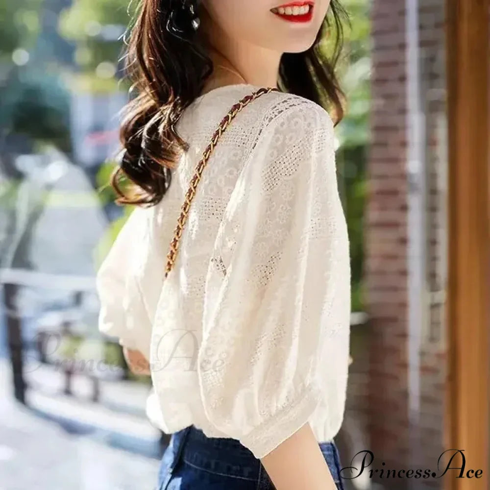 Korean Lantern Sleeve Embroidered Cotton Lace BlouseModified Title: Korean Lantern Sleeve Decorated Cotton Lace Blouse
