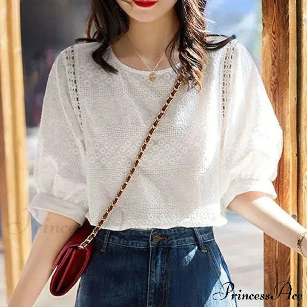 Korean Lantern Sleeve Embroidered Cotton Lace BlouseModified Title: Korean Lantern Sleeve Decorated Cotton Lace Blouse