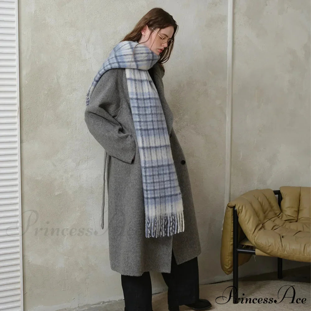 Korean Premium 30% Wool Red Plaid Tassels Mohair Warm Scarf