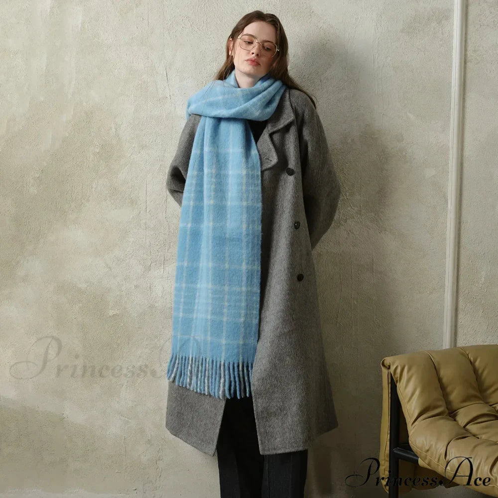 Korean Premium 30% Wool Red Plaid Tassels Mohair Warm Scarf