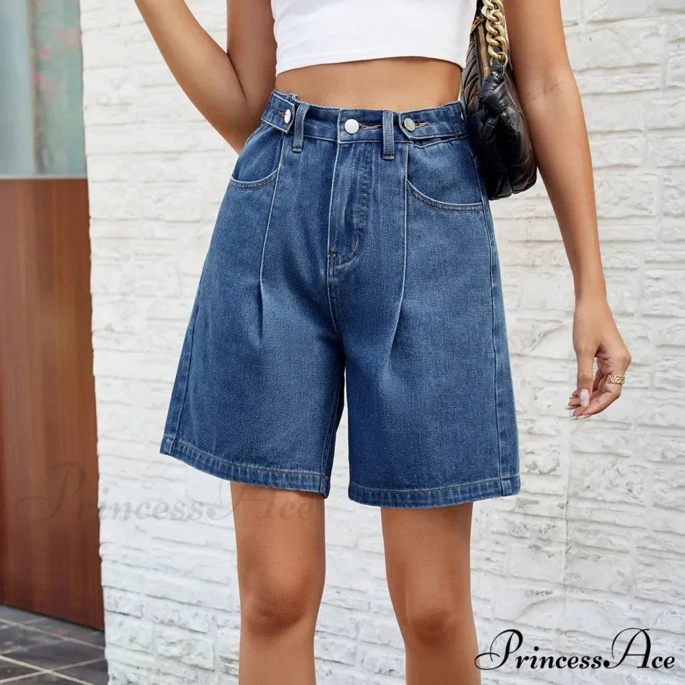 Korean Style Classic Comfortable Adjustable Quarter Blue High Waisted Wide Leg Short
