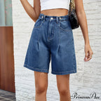 Korean Style Classic Comfortable Adjustable Quarter Blue High Waisted Wide Leg Short