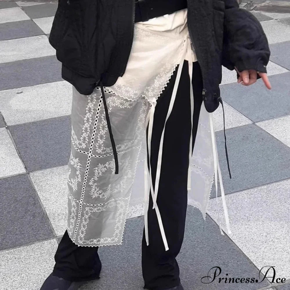 Korean Style Lace Mesh Overlay Long Retro Skirt