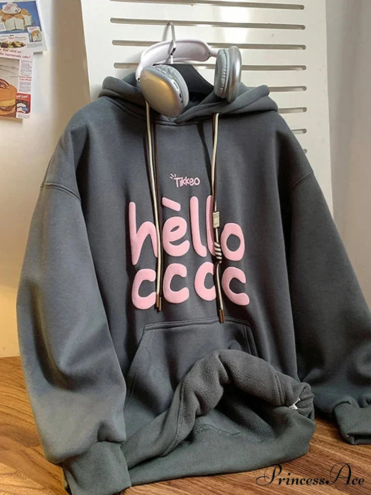 Korean Style Letter Printed Fleece Hoodie