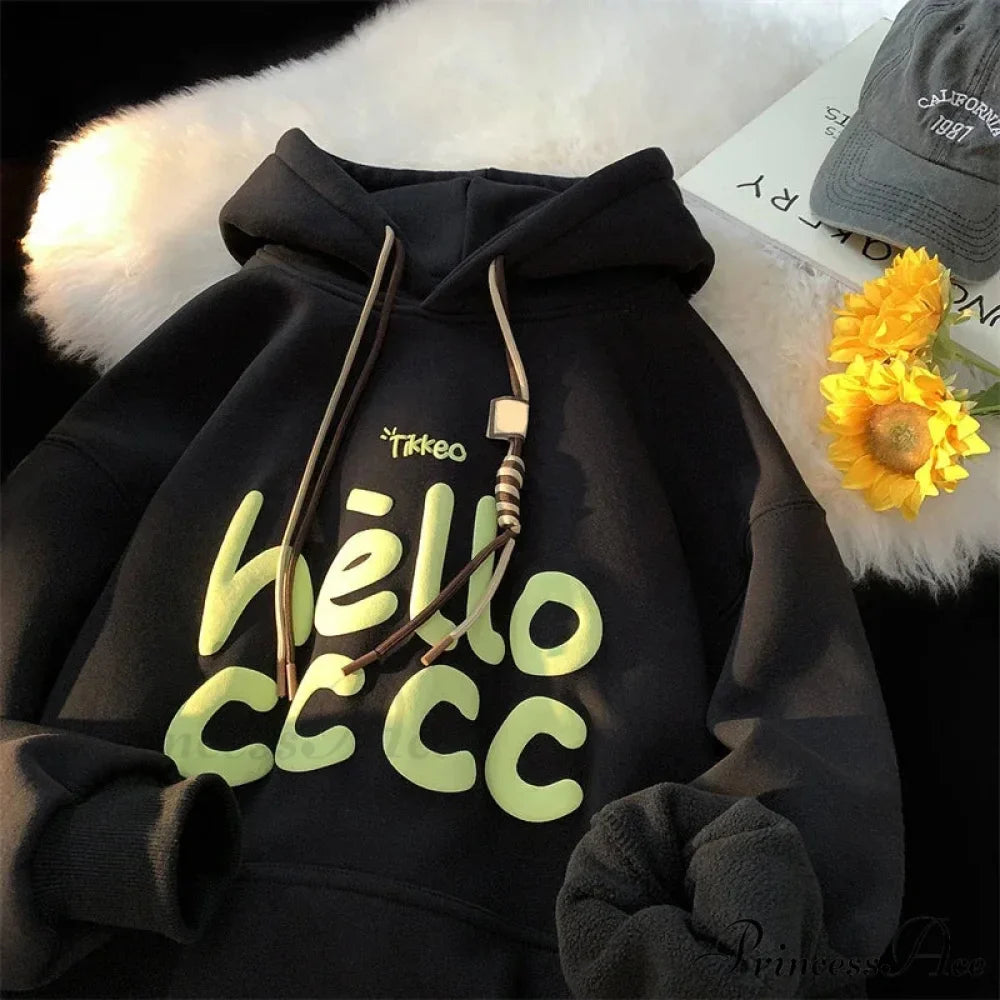 Korean Style Letter Printed Fleece Hoodie