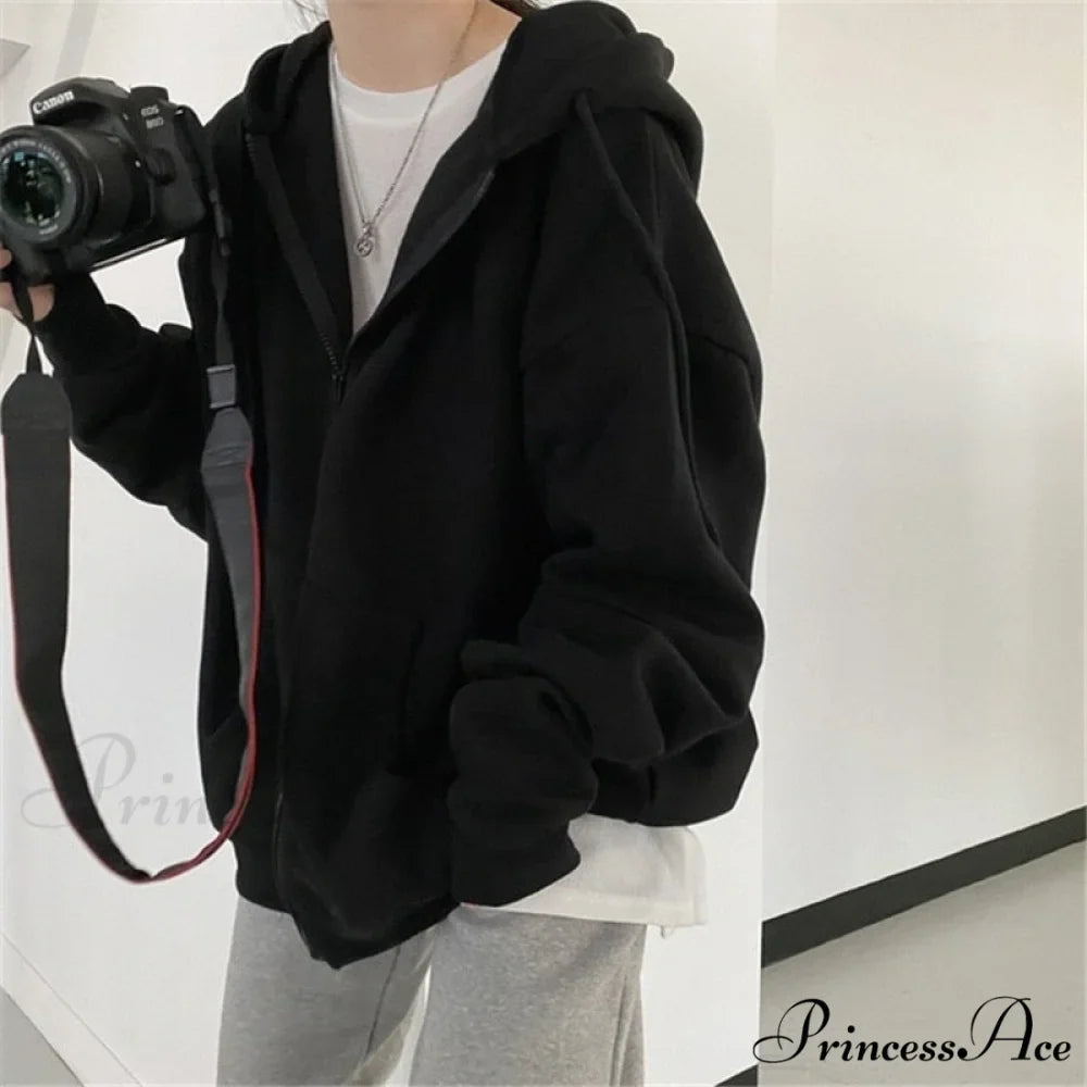 Korean Version Zip Up Loose Oversized Hoodie