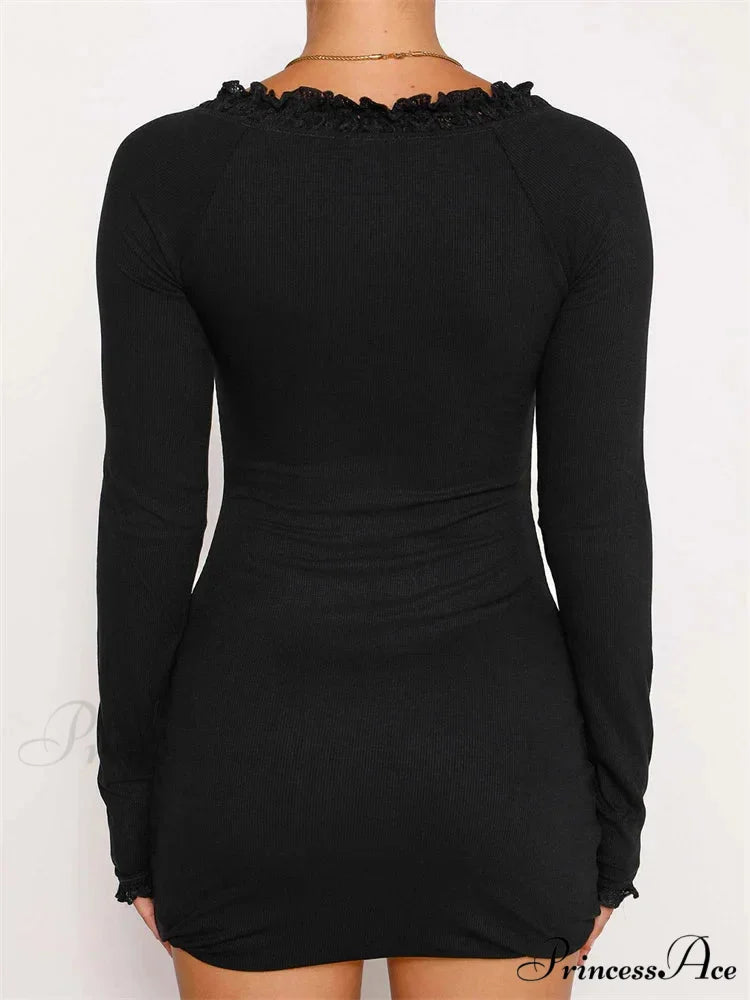 Lace Bow Patchwork Spring Autumn Ribbed Mini Dress