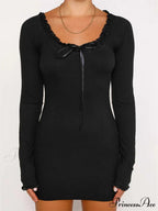 Lace Bow Patchwork Spring Autumn Ribbed Mini Dress