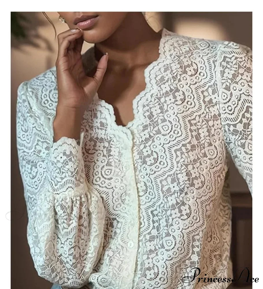 Lace Deep-Neck Floral Classic Long Sleeve Boho Blouse