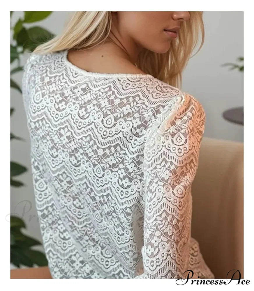 Lace Deep-Neck Floral Classic Long Sleeve Boho Blouse