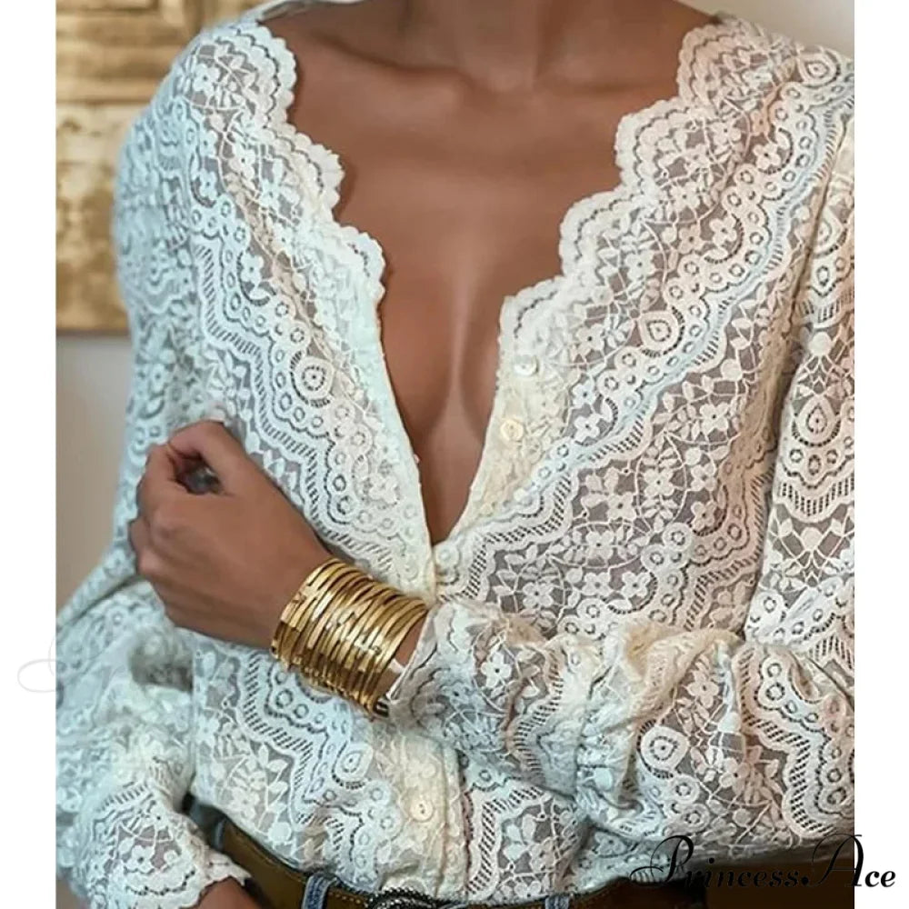 Lace Deep-Neck Floral Classic Long Sleeve Boho Blouse