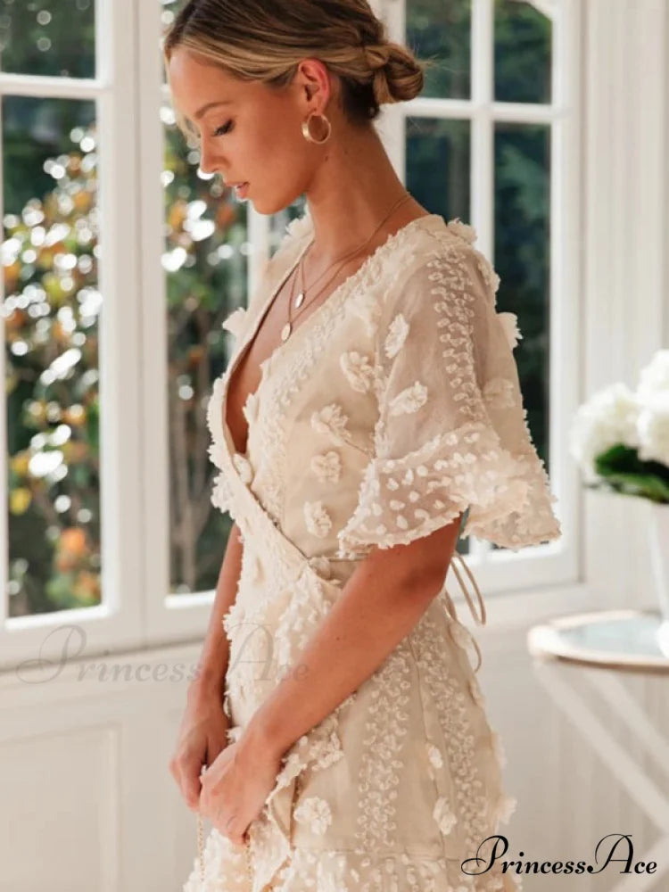 lace dress for chain short-sleeved flower link V-neck women