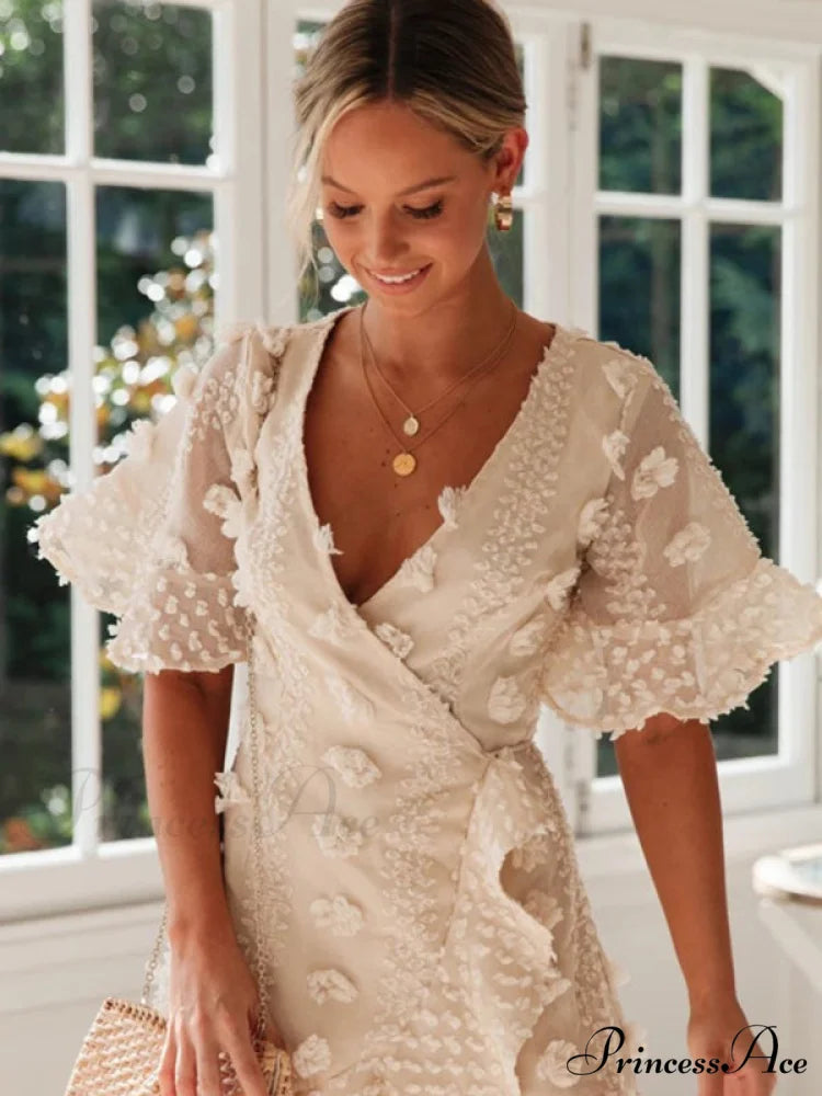 lace dress for chain short-sleeved flower link V-neck women