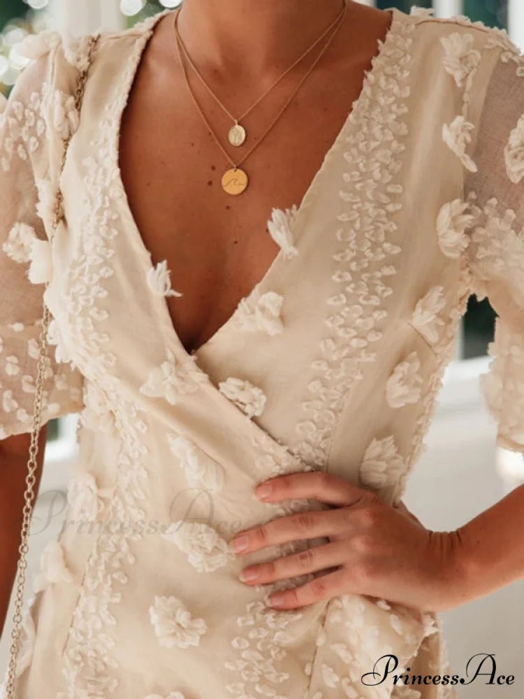 lace dress for chain short-sleeved flower link V-neck women