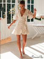 lace dress for chain short-sleeved flower link V-neck women