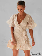 lace dress for chain short-sleeved flower link V-neck women