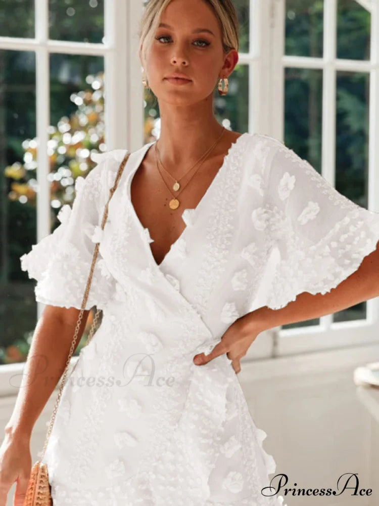 lace dress for chain short-sleeved flower link V-neck women