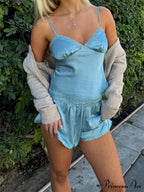 Lace Edging V-neck Camisole Crop Top with Stretchy Waist Mini Shorts Set