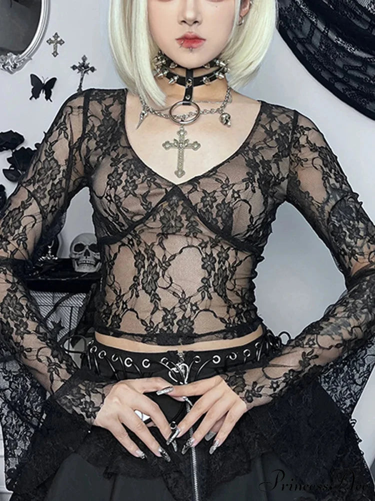 Lace Fairy Grunge V-neck See-Through Slim Fit Stylish Elegant Trendy Classic Crop Top