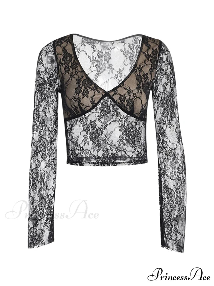 Lace Fairy Grunge V-neck See-Through Slim Fit Stylish Elegant Trendy Classic Crop Top