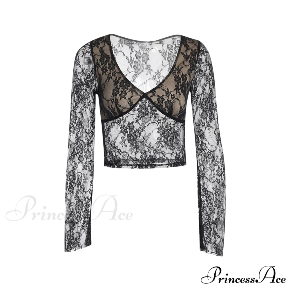 Lace Fairy Grunge V-neck See-Through Slim Fit Stylish Elegant Trendy Classic Crop Top