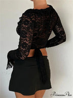 Lace Flora Flare Sleeve V Neck Ruffles Mesh Sheer T-shirts