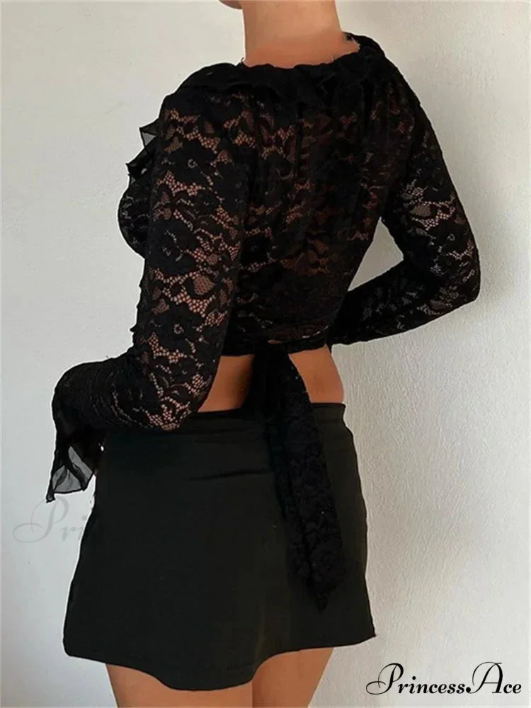 Lace Flora Flare Sleeve V Neck Ruffles Mesh Sheer T-shirts