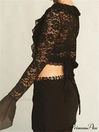 Lace Flora Flare Sleeve V Neck Ruffles Mesh Sheer T-shirts