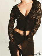 Lace Flora Flare Sleeve V Neck Ruffles Mesh Sheer T-shirts