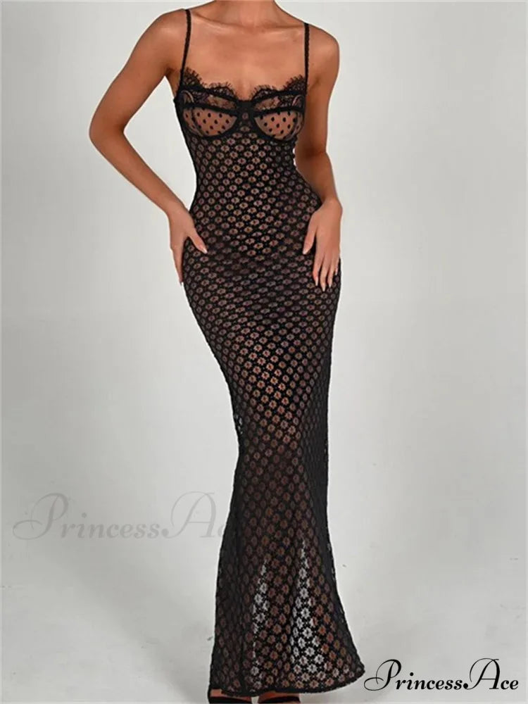 Lace Floral for Women Sexy Sleeveless Strap See Through Evening Cocktail Back Split Black Vestidos