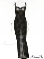 Lace Floral for Women Sexy Sleeveless Strap See Through Evening Cocktail Back Split Black Vestidos