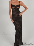 Lace Floral for Women Sexy Sleeveless Strap See Through Evening Cocktail Back Split Black Vestidos