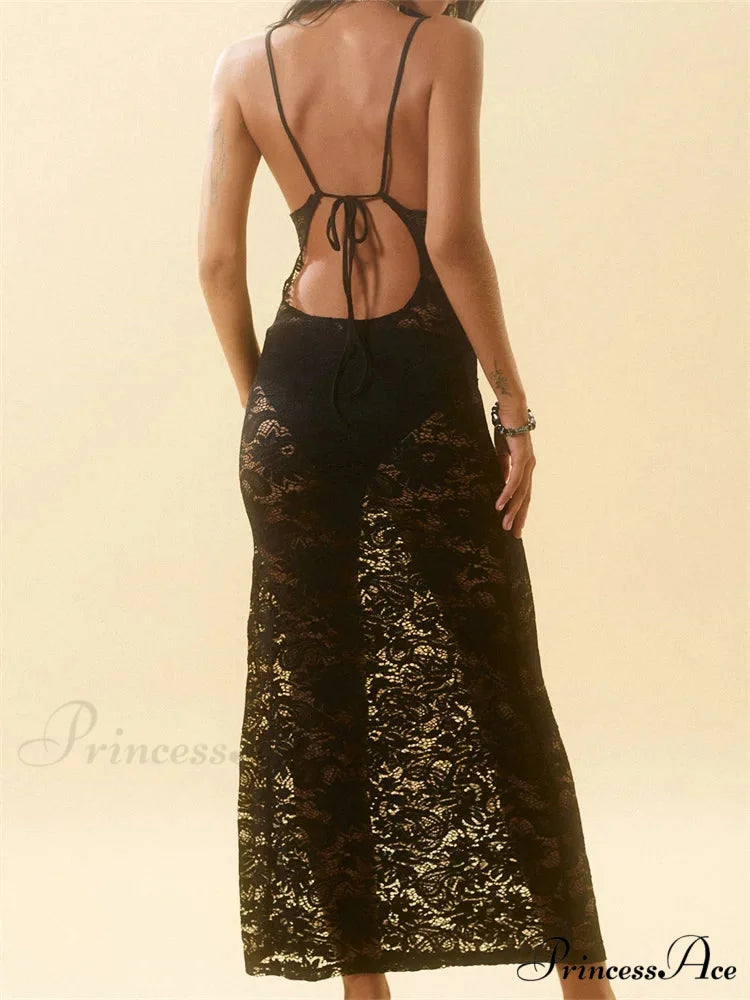 Lace Floral Mesh See Through Black for Women Summer Beach Clubwear Sexy Women Backless Tie-up