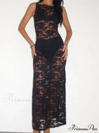 Lace Floral Mesh See Through Black for Women Summer Beach Clubwear Sexy Women Backless Tie-up