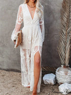 Lace Floral Mesh See Through Summer Deep V-neck Lantern Sleeve Beach Female Vestidos