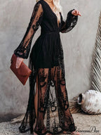 Lace Floral Mesh See Through Summer Deep V-neck Lantern Sleeve Beach Female Vestidos