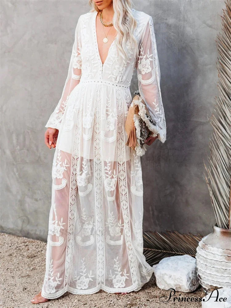 Lace Floral Mesh See Through Summer Deep V-neck Lantern Sleeve Beach Female Vestidos