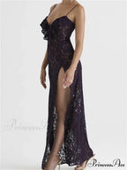 Lace Floral See Through for Women Sexy Sleeveless Strap V-neck Ruffles Patchwork High Split Vestidos