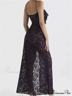 Lace Floral See Through for Women Sexy Sleeveless Strap V-neck Ruffles Patchwork High Split Vestidos