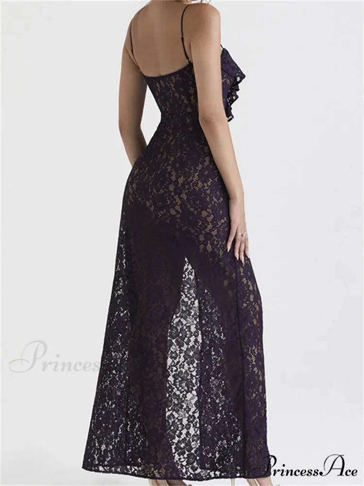 Lace Floral See Through for Women Sexy Sleeveless Strap V-neck Ruffles Patchwork High Split Vestidos