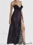 Lace Floral See Through for Women Sexy Sleeveless Strap V-neck Ruffles Patchwork High Split Vestidos